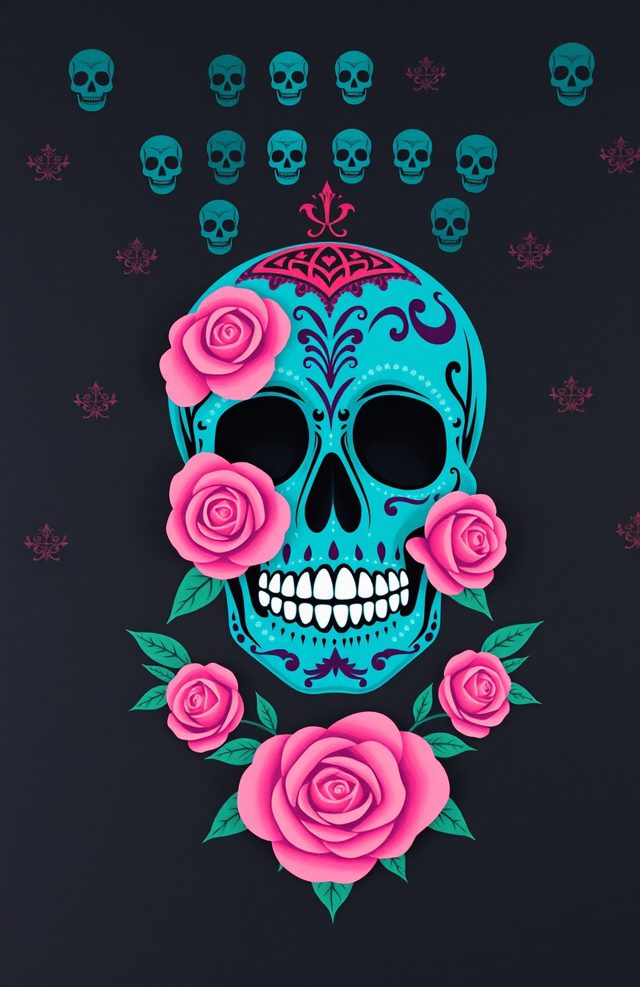 Teal Skull Marigold Rose