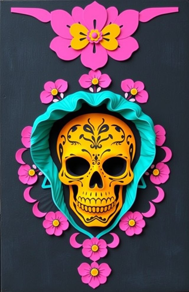 Marigold Skull Teal Papel Picado
