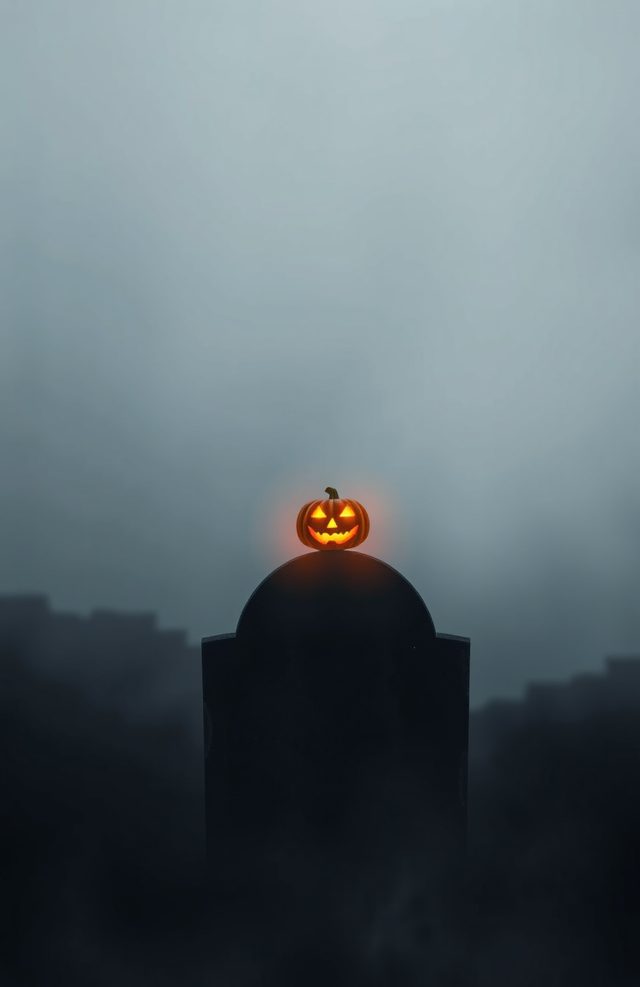 Glowing Pumpkin in Foggy Cemetery