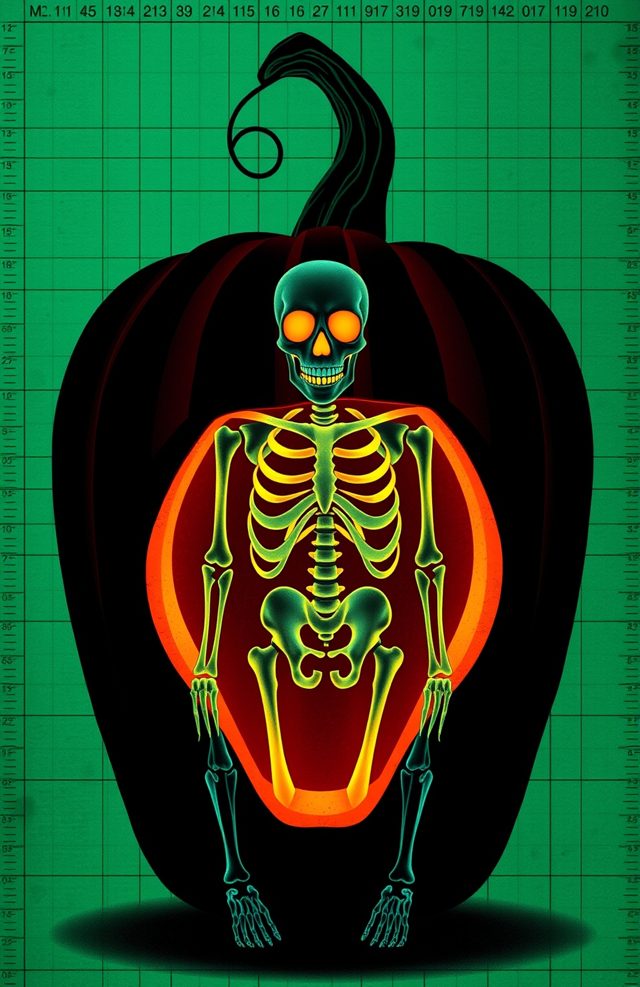 Pumpkin with Glowing X-Ray Skeleton