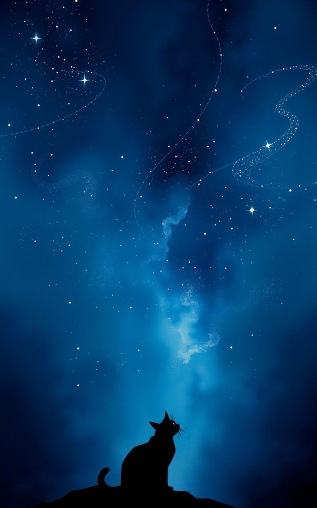 Whimsical Cat Stargazing Silhouette Night Sky