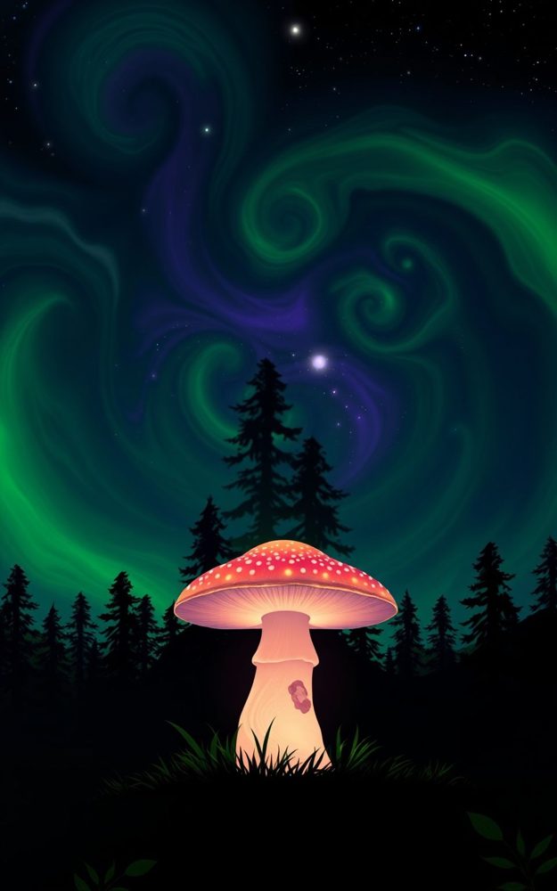 Magical Forest Glowing Mushroom Aurora