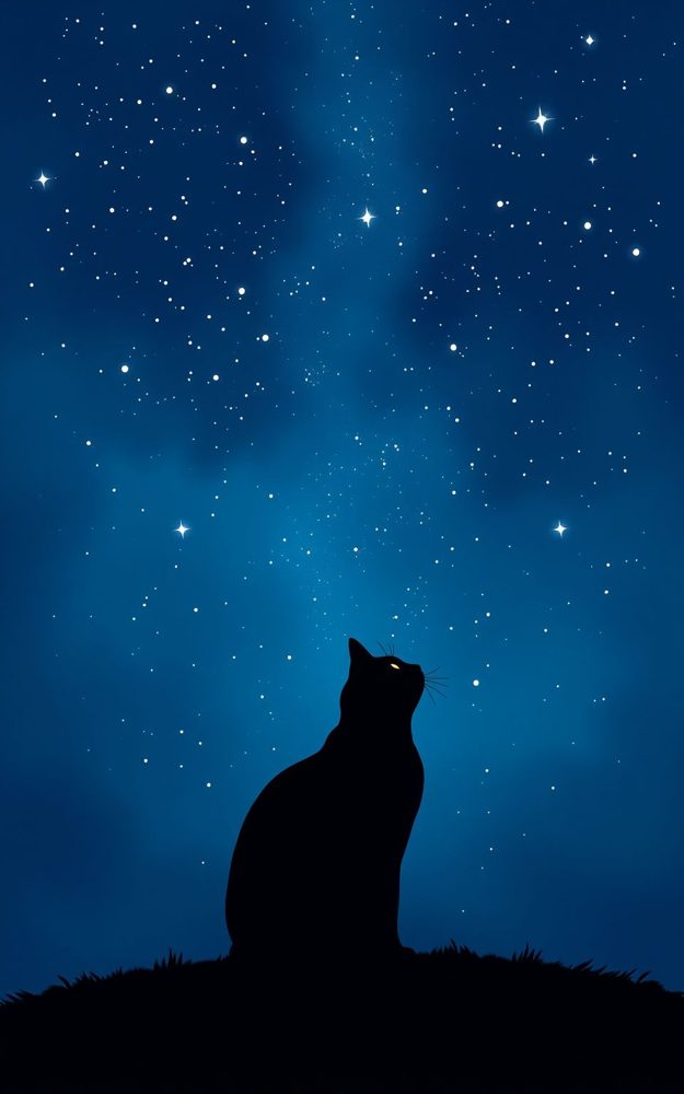 Silhouette Midnight Cat Stargazing