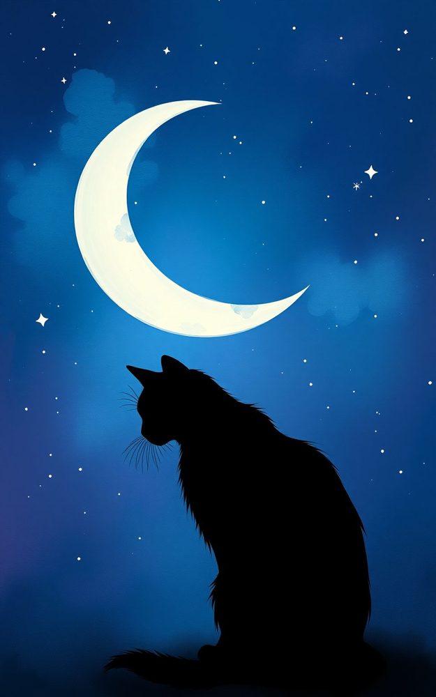 Mystical Crescent Moon Cat Night Sky