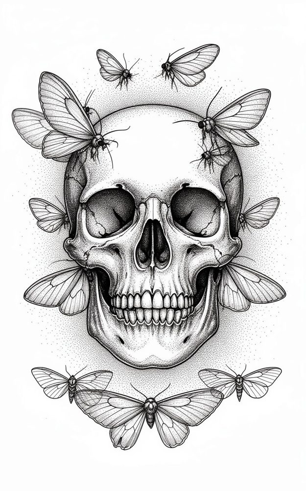 Skull Adorned Moths Gothic Dark Stippled