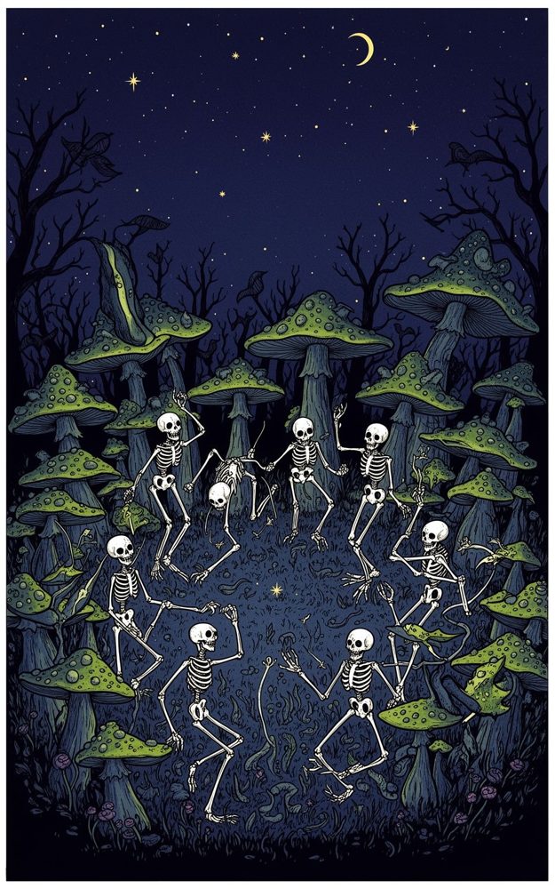 Dark Whimsical Illustration Fungal Circle Dance Macabre