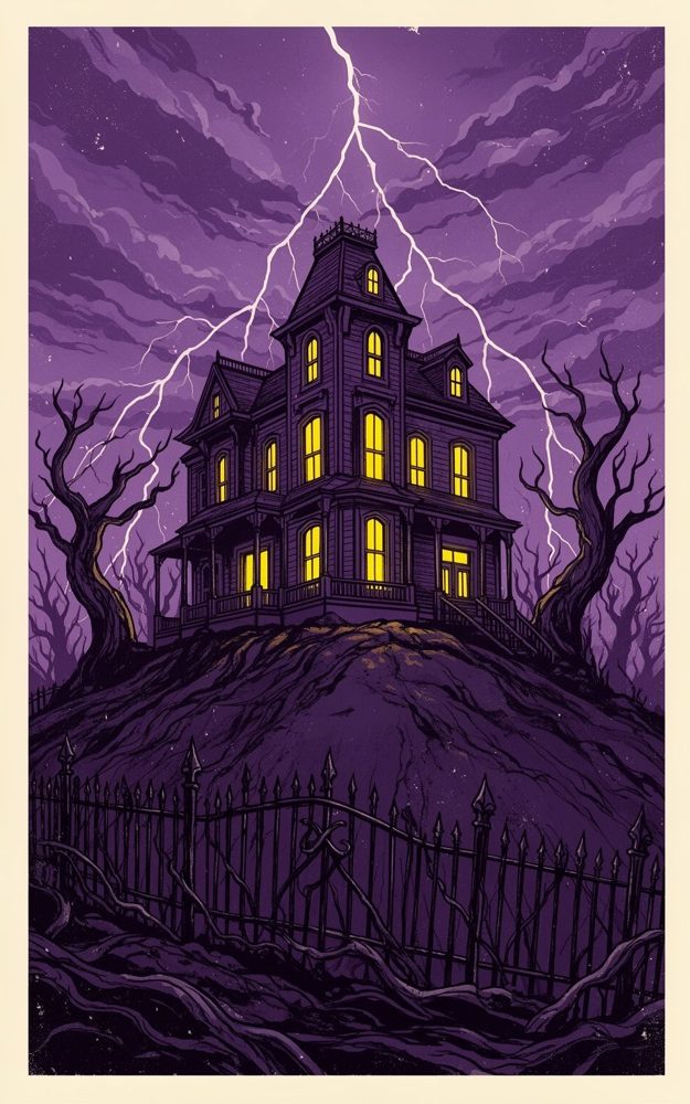 Haunted House Illustration Hilltop Manor Shadowed Gable