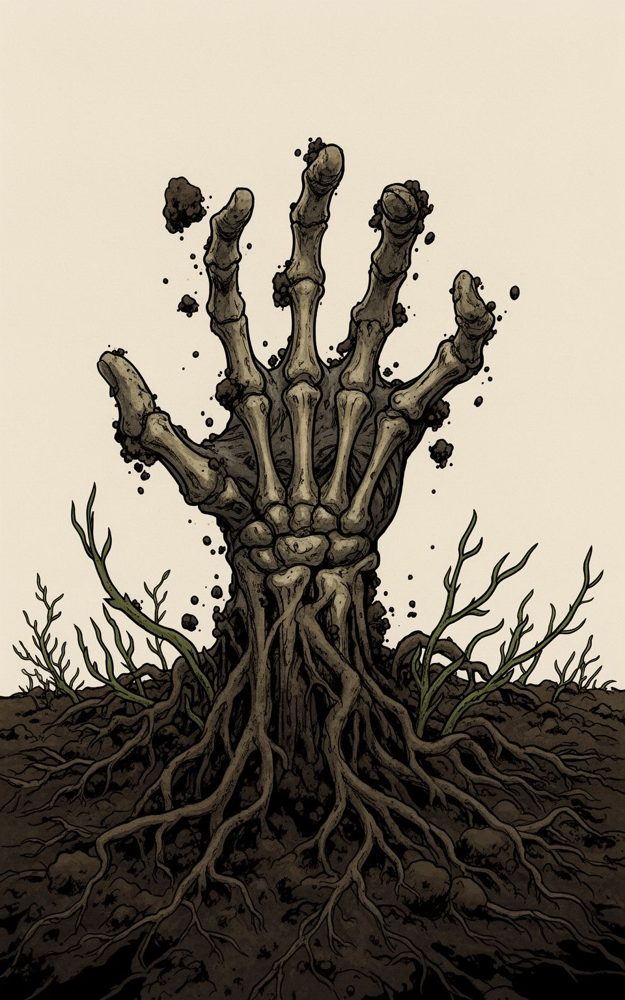 Emerging Skeleton Hand Clutching Grave Earthly Hunger