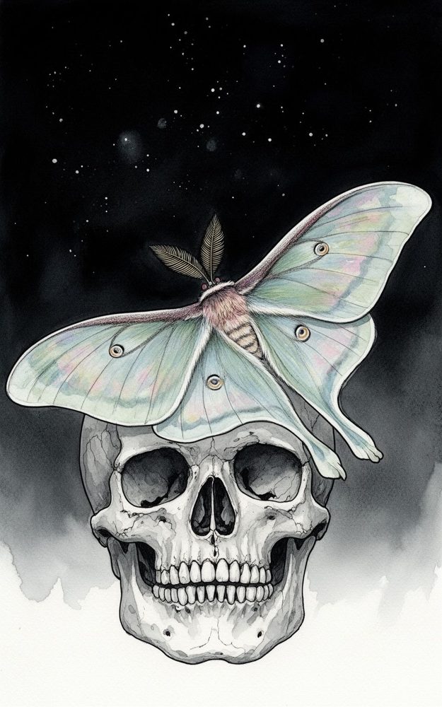 Detailed Watercolor Illustration Luminous Moth Bone Kingdom