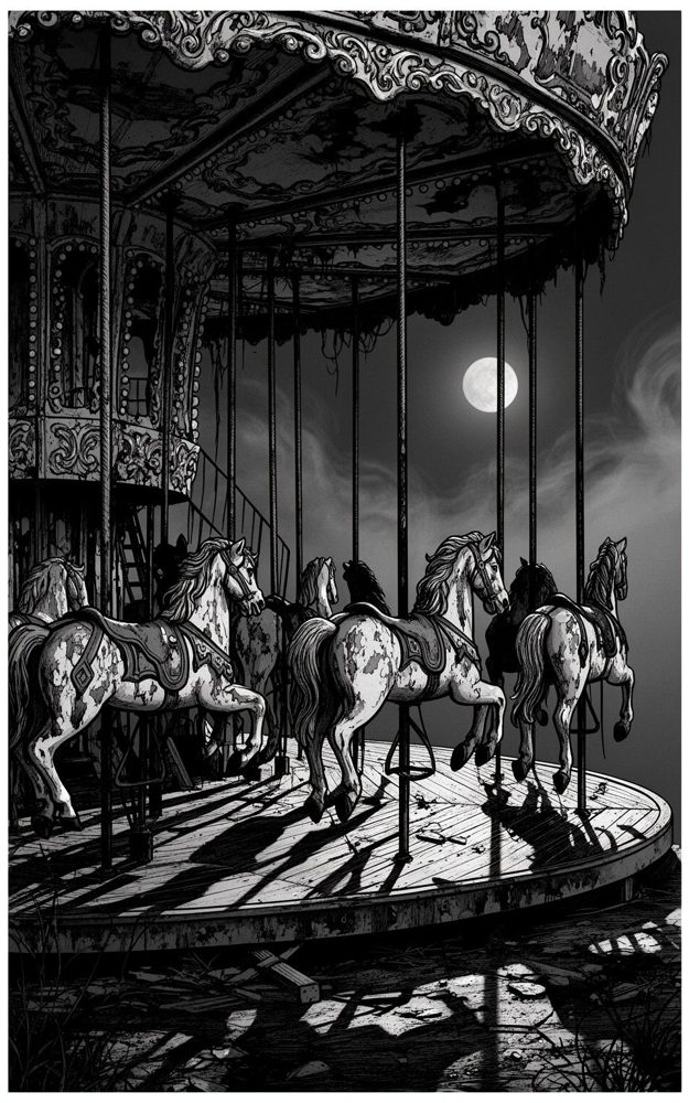 Monochromatic Creepy Carousel Silent Horses Ghostly Ride