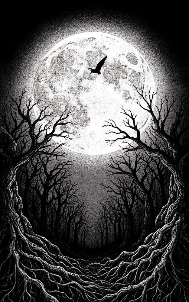 Stippling Horror Forest Moonlit Silhouette