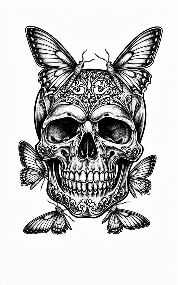 Ornate Skull Butterflies Memento Tattoo