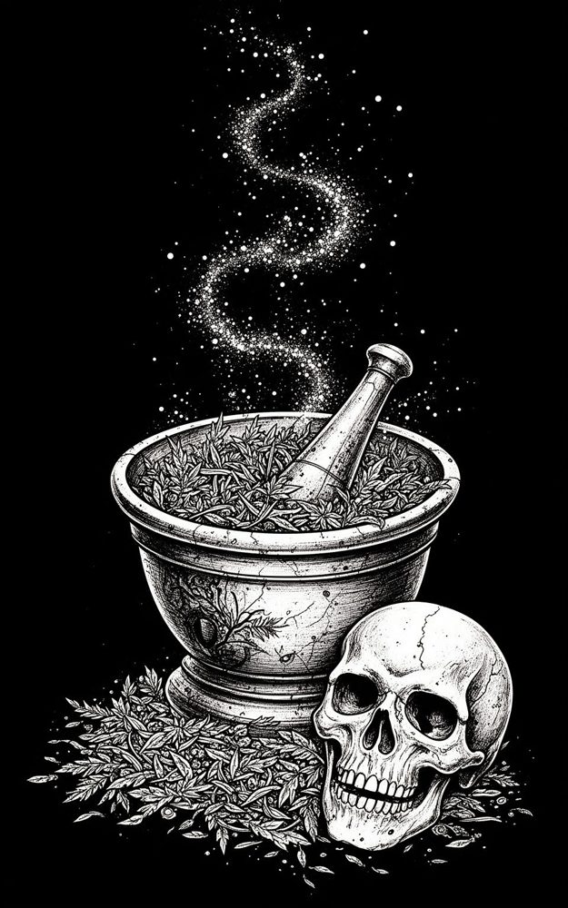 Gothic Illustration Mortar and Skull