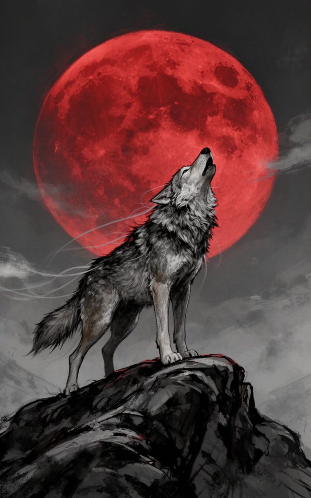 Dramatic Wolf Illustration Crimson Luna Lycanthrope Lament